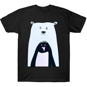 👕 Black T-Shirt with Polar Bear and Penguin Graphic Size Small